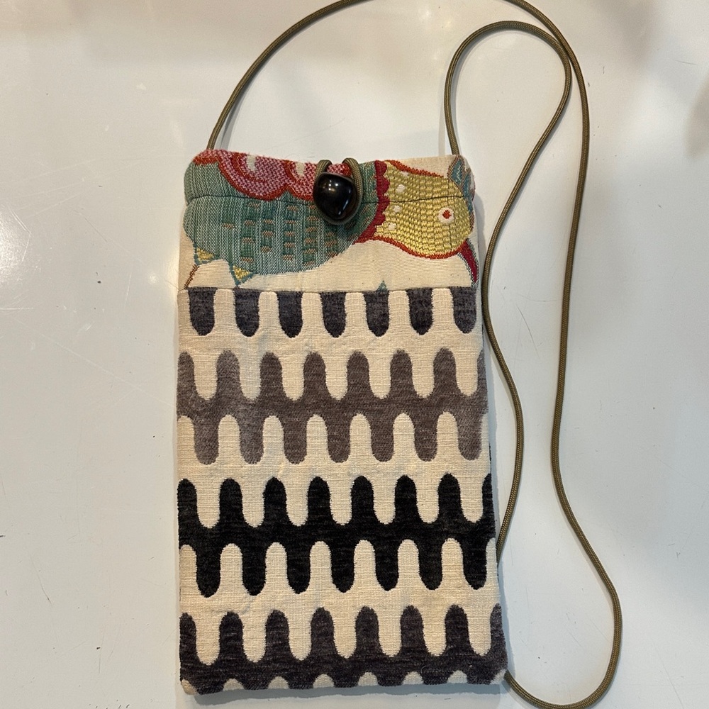 Neutral Wave Pattern Crossbody Bag with Embroidered Flap